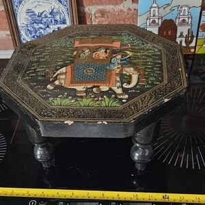 Hand-Painted Octagonal Wooden Table with Elephant Motif - Black and Gold